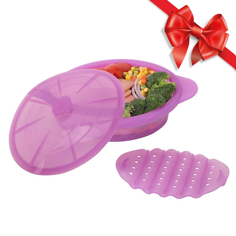 EuChoiz Microwave Steamer Cooker Collapsible Bowl-Silicone Steamer Cookware with Handle Lid for Vegetables Fish Prep Meal Food with Removable Rack BPA Free, Easy to Store, Freezer & Dishwasher Safe, Purple - Image 1